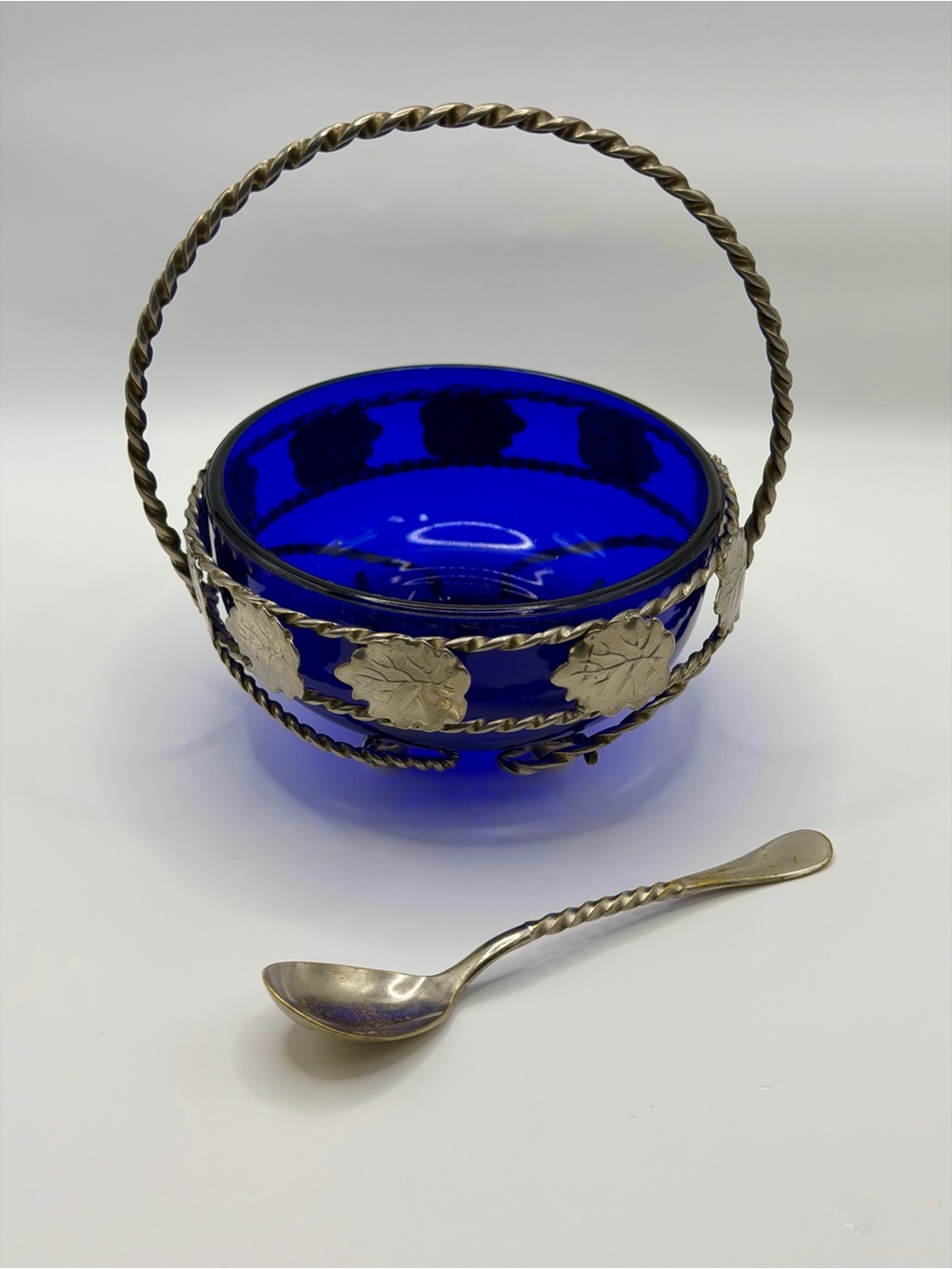 Vintage Cobalt Blue Glass Jam / Sugar Bowl with Metal Wire Basket & Spoon